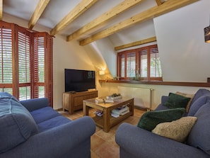 A cozy living room with a television, wooden furniture, and large windows with shutters.
