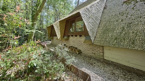 A house with a unique leaf-covered exterior, surrounded by dense forest. - Beautiful cozy home in a wooded holiday park. (Rekem)
