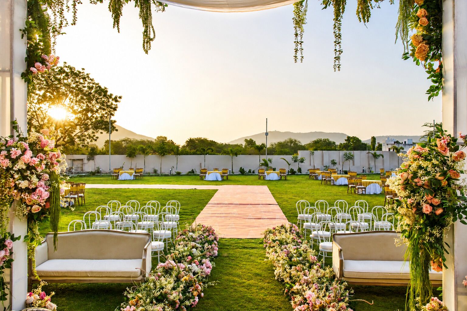 Eine Hochzeitslocation im Freien mit einem gepflasterten Gang, weißen Stühlen und Blumenschmuck.