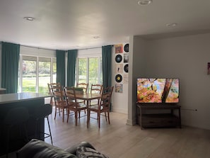 A dining area with a wooden table and chairs, a television on a stand, and a wall with vinyl records.