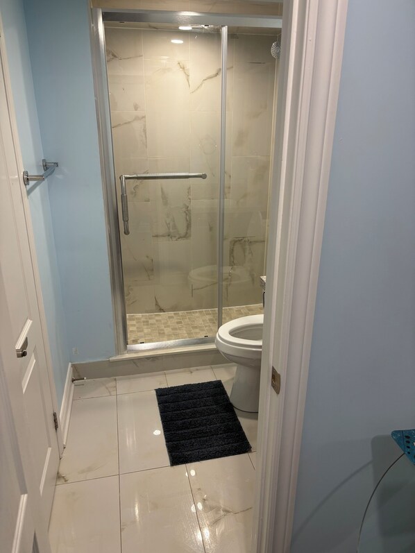Un bagno con doccia vetro-murata, un water e un tappeto blu sul pavimento.
