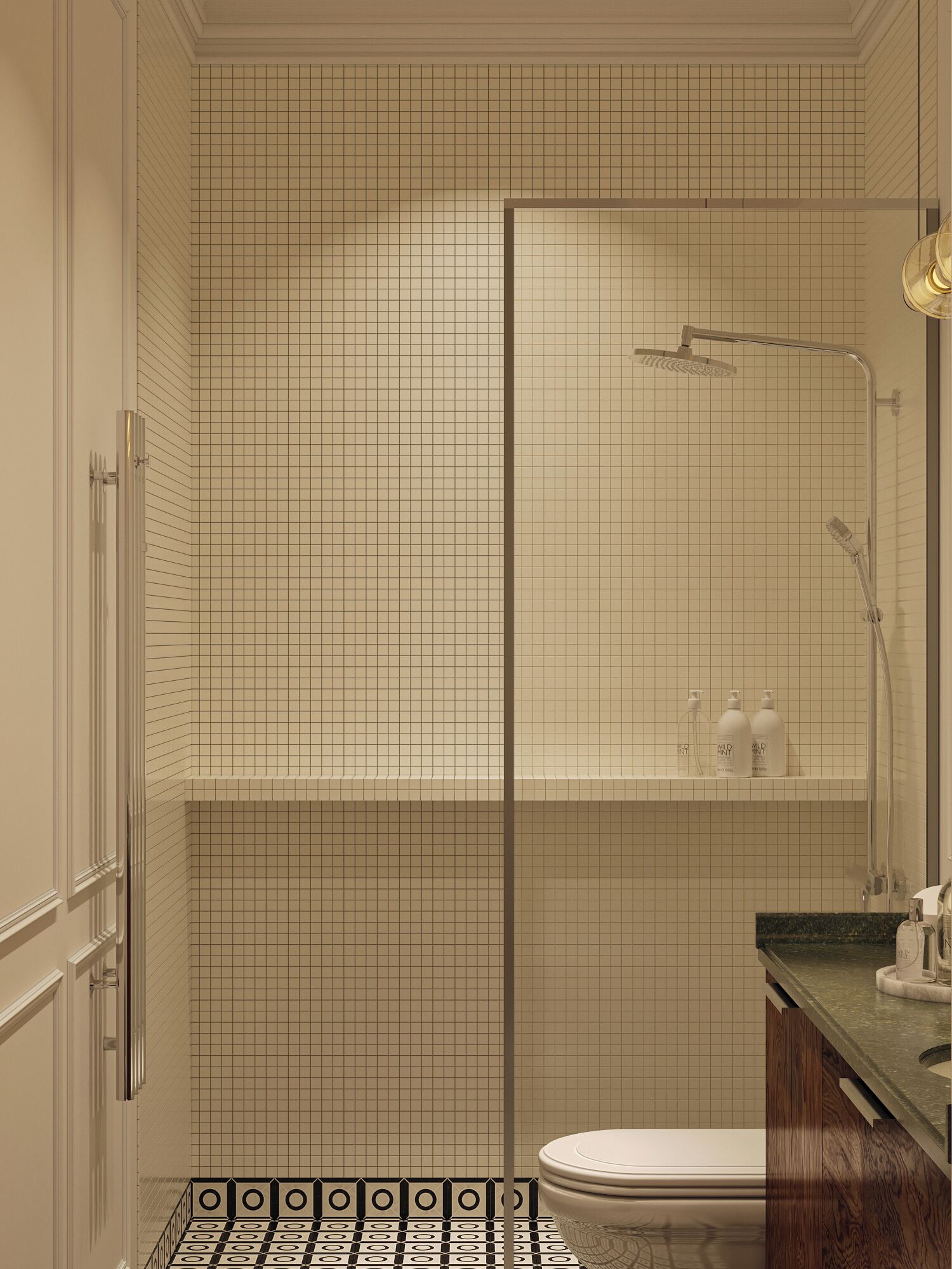 Un baño con ducha, inodoro y lavabo.