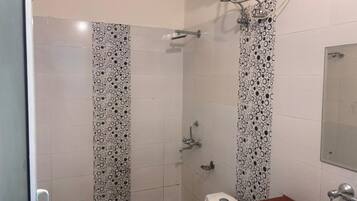 Shower, towels, soap, shampoo