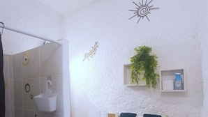 Casa de banho com chuveiro, pia, porta-toalhas e uma pequena prateleira com uma planta e artigos de higiene pessoal.