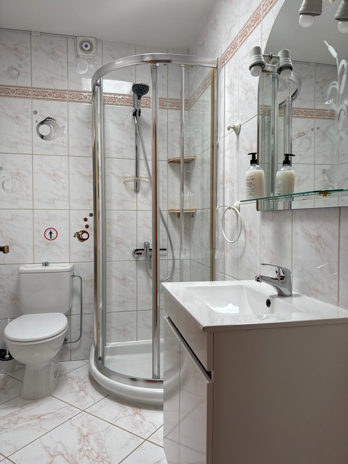 A modern bathroom with a glass-enclosed shower, a white toilet, and a vanity with a mirror.