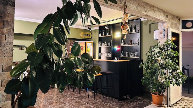 A bar area with a counter, stools, and a potted plant. - Sinop kuzey pansiyon (Sinop)