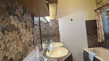 Hair dryer, towels, soap, toilet paper