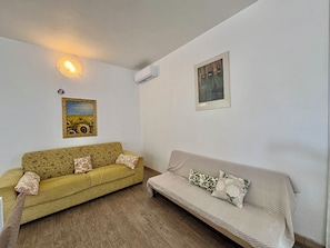 Ein Zimmer mit zwei Sofas, eines mit floralen Kissen und das andere mit gemusterten Kissen, einem Bild an der Wand und einer Klimaanlage.