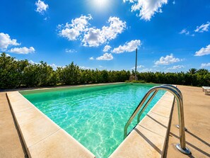 A clear blue pool with a metal ladder, surrounded by lush greenery and a clear sky. - Villa in Marina Di Ragusa with 5 bedrooms sleeps 13 (Marina Di Ragusa)