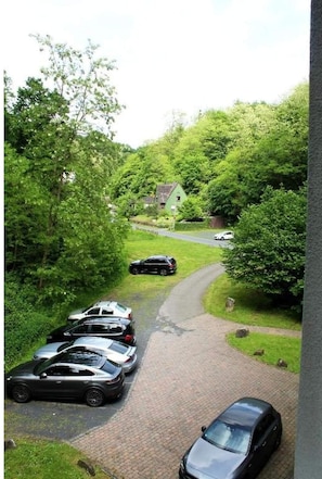 Ein Parkplatz mit mehreren Autos, eine Auffahrt zu einem Haus und üppiges Grünzeug rund um das Grundstück.