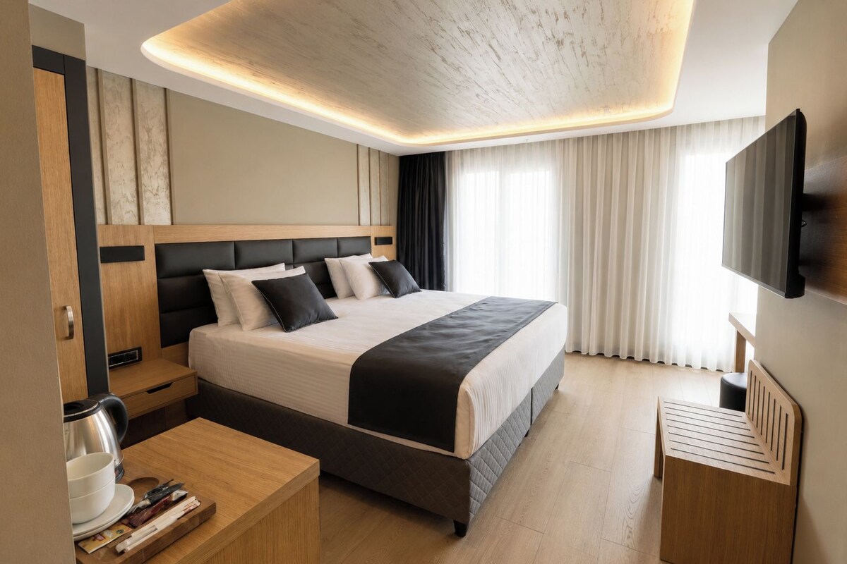 Una habitación de hotel moderna con una cama grande, mesitas de noche, un televisor de pantalla plana y una lámpara en el techo.