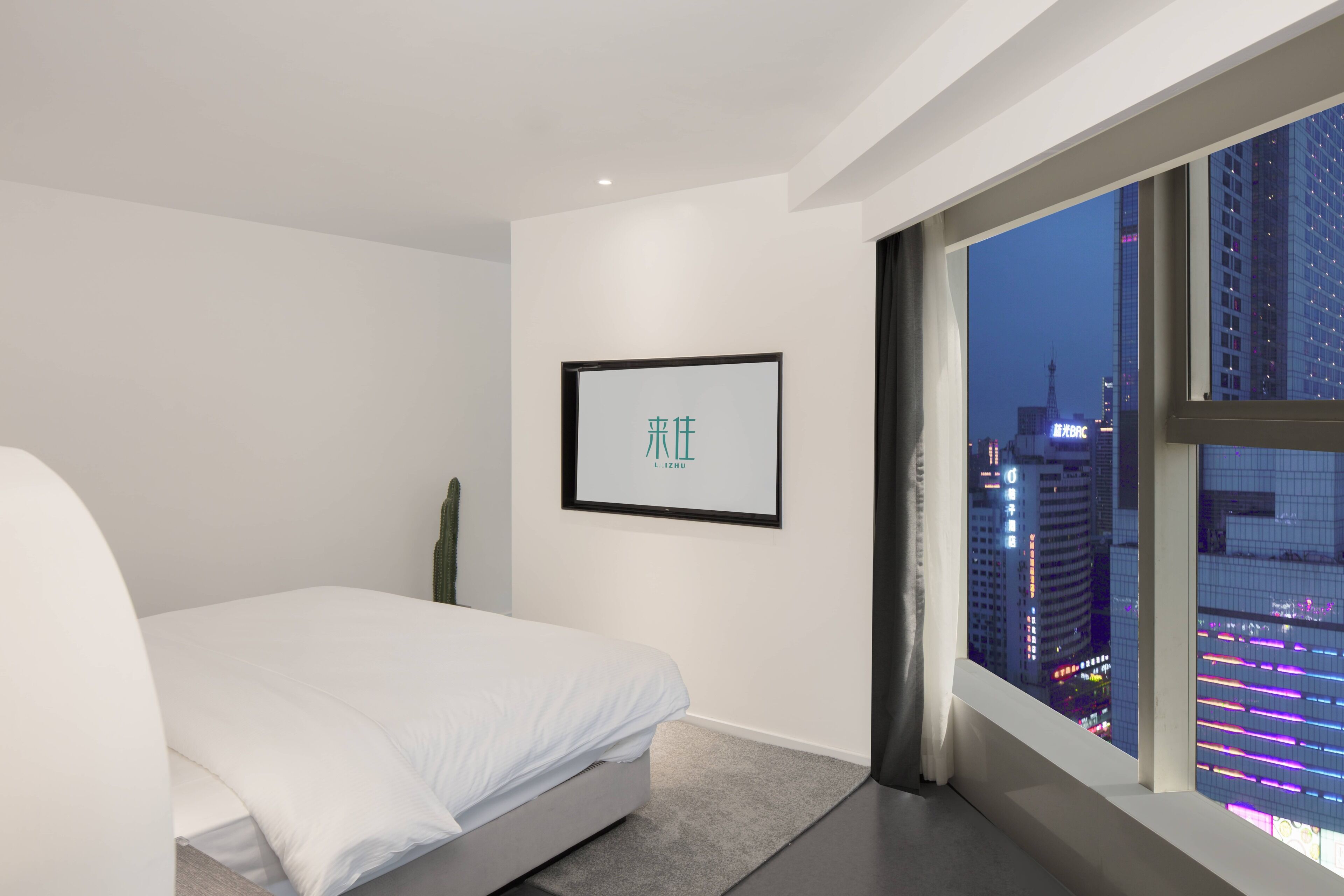 A modern hotel room with a large window, a bed, a framed picture on the wall, and a cactus plant.