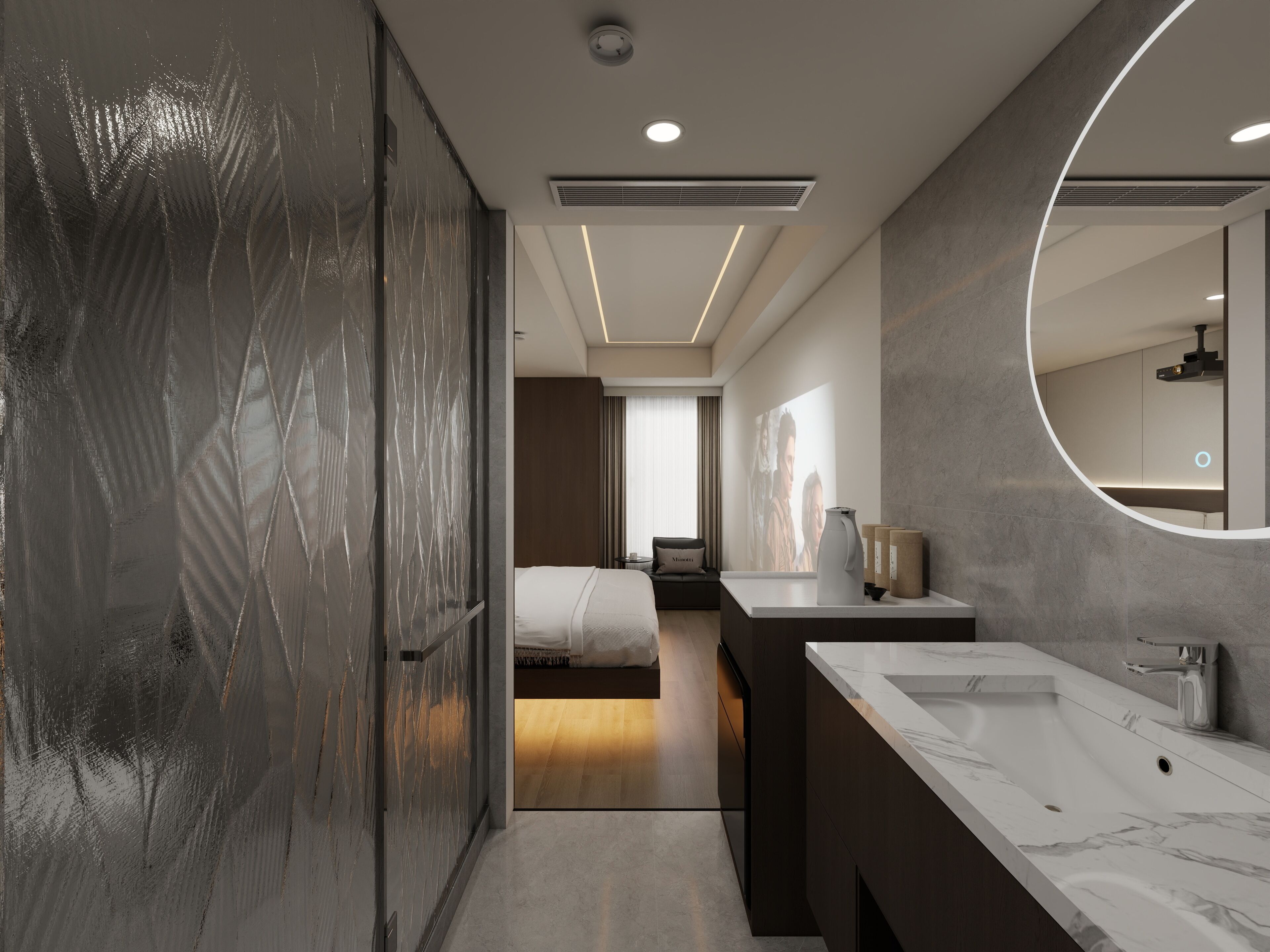 A modern hotel room with a large bed, a bathroom with a large mirror, and a view of the city.