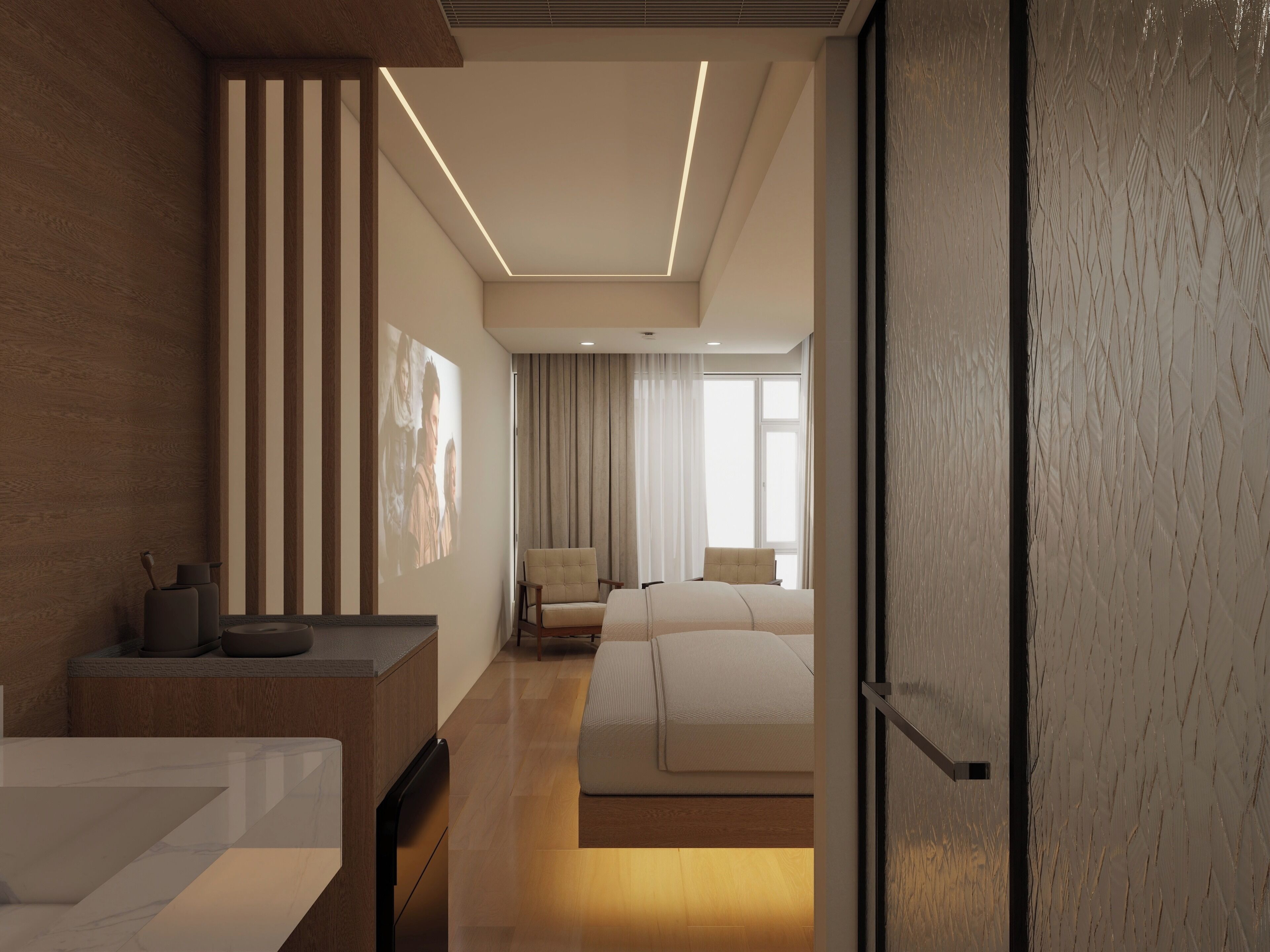 A modern hotel room with a large bed, a seating area, a flat-screen TV, and a wooden accent wall.