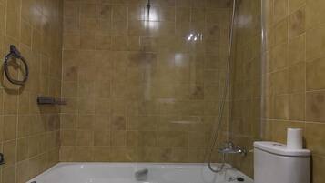 Een douche, een haardroger, handdoeken, toiletpapier
