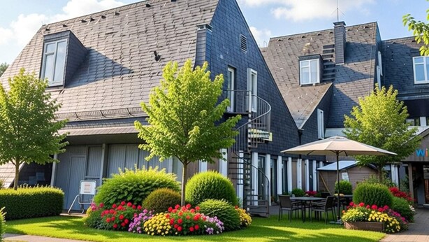 A residential building with a sloped roof, a visible staircase, and a garden with various plants and flowers. - 2 Person Holiday Park Home in Dienstweiler (Oberhambach)