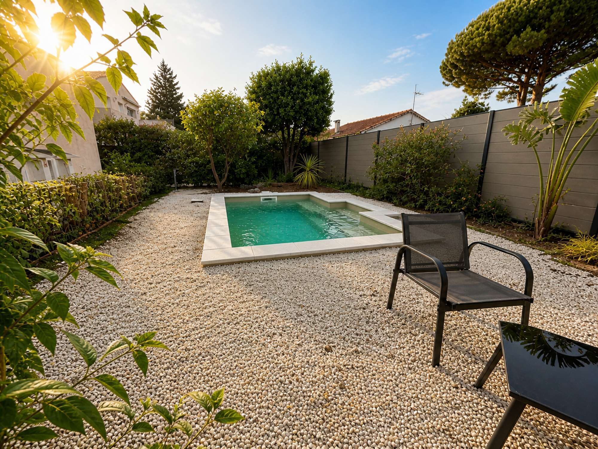 A rectangular swimming pool with a tiled edge, surrounded by gravel, with a chair and a table nearby.