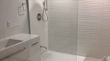 Shower, hair dryer, bidet, towels