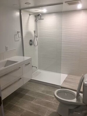 Douche, sĂšche-cheveux, bidet, serviettes fournies