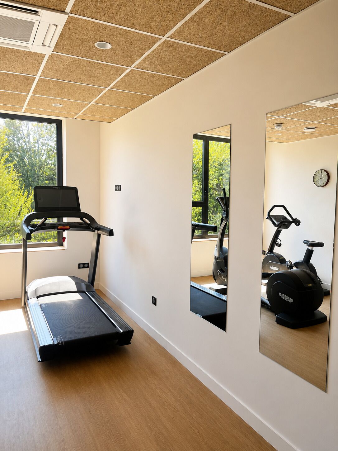 Une salle de sport équipée d’un tapis de course, d’un vélo d’exercice et d’un grand miroir qui reflète l’ensemble de la pièce.