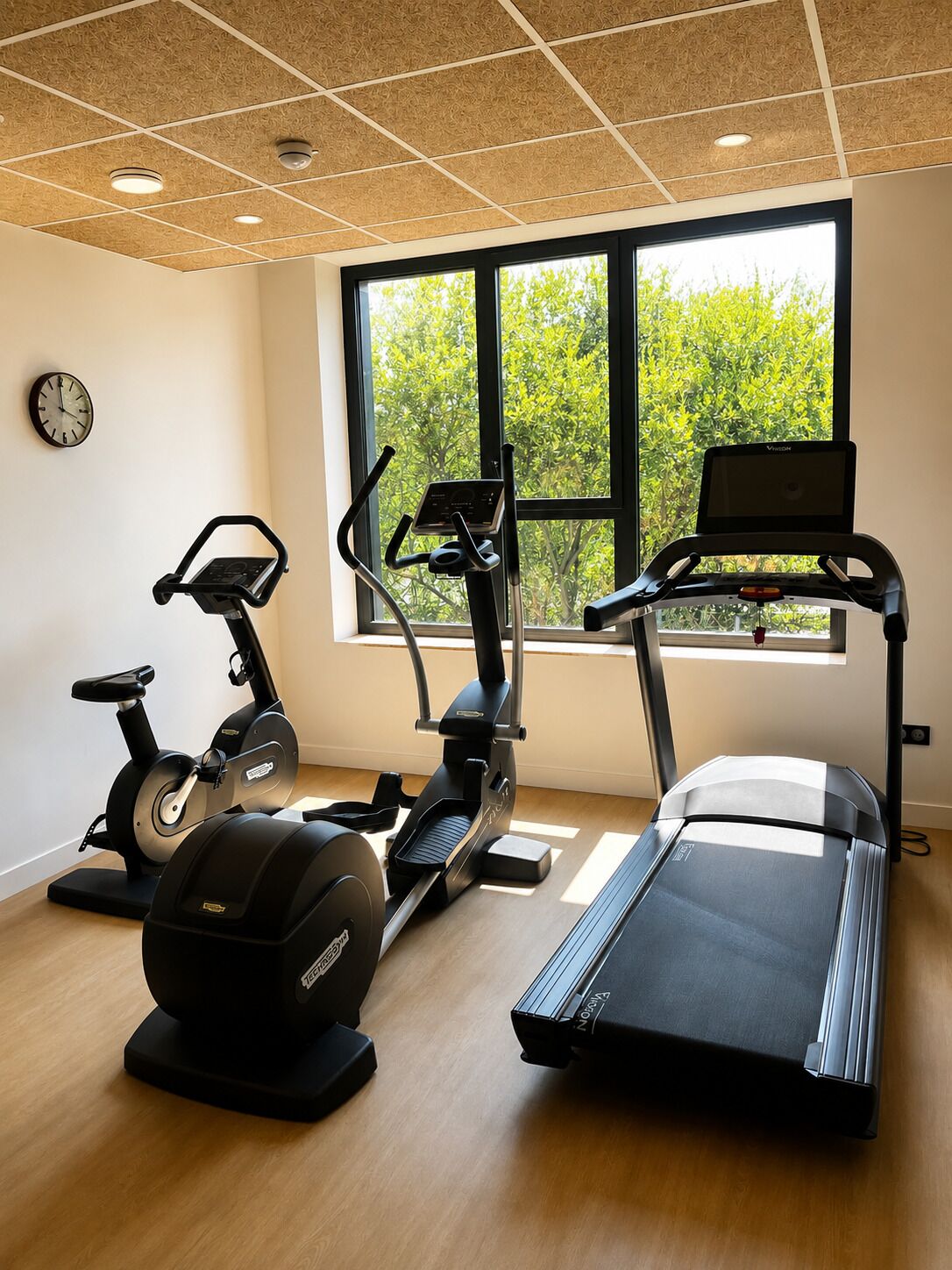 Een sportschool met cardioapparatuur, een loopband en een hometrainer, met een groot raam dat uitzicht biedt op groen buiten.