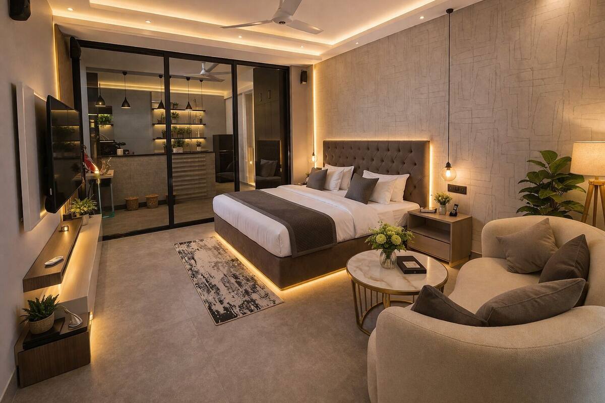 A modern bedroom with a large bed, bedside tables, a sofa, and a TV.