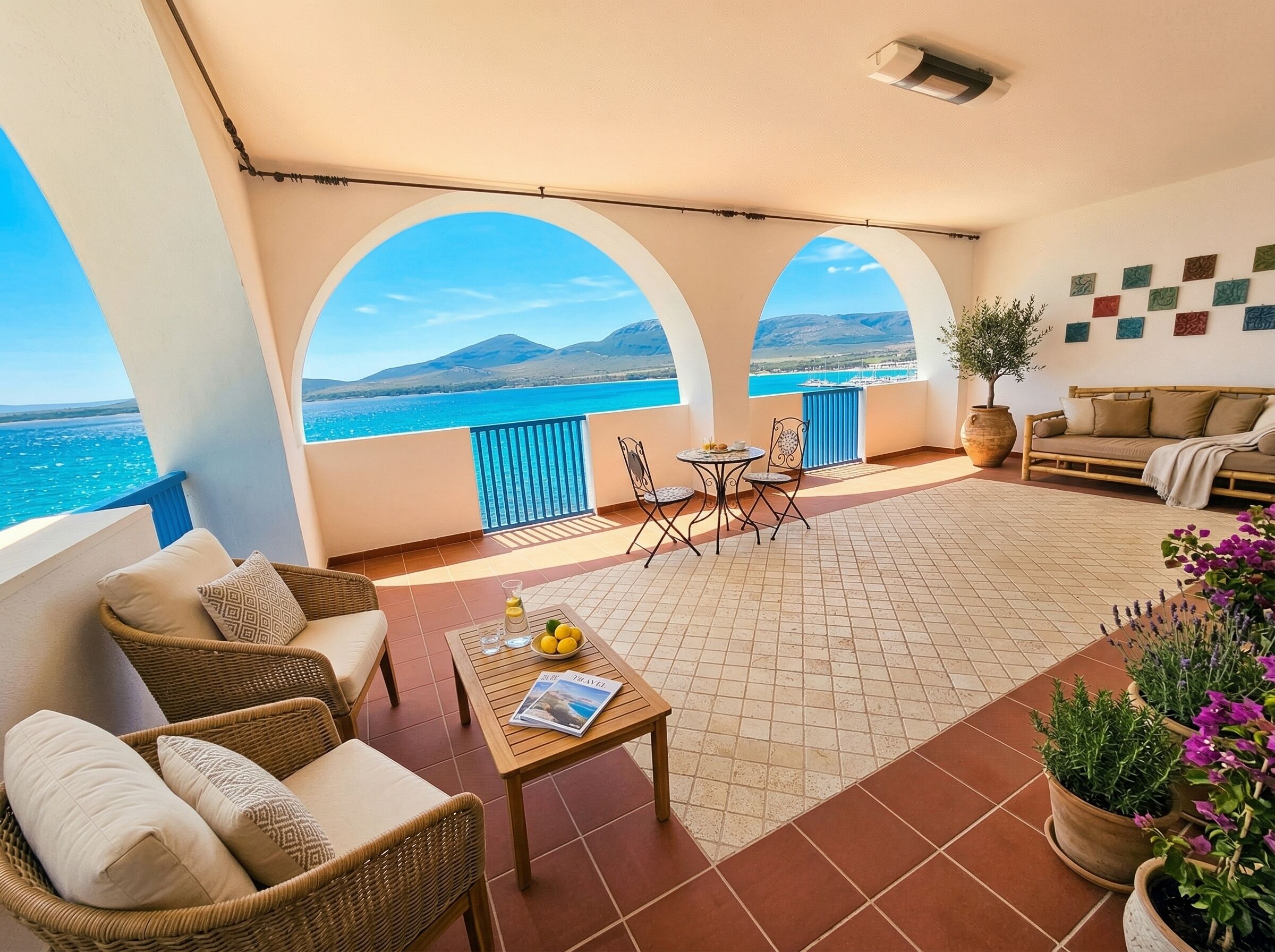 A balcony with a view of the sea, wicker furniture, a table with a magazine, and a sofa.