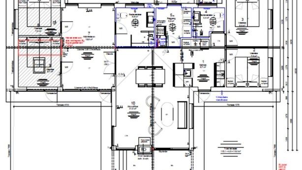 A floor plan with multiple rooms, including a kitchen, dining area, and bedrooms. - 5 Star Holiday Home in Glesborg (Glesborg)