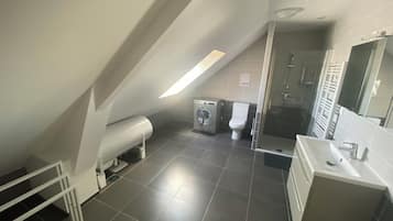 Shower, hair dryer, towels, toilet paper