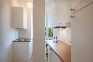 Eine moderne Küche mit weißen Schränken, Edelstahlgeräten und Blick durch das Fenster.
