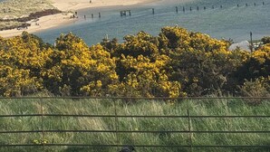 A coastal landscape with a beach, grassy dunes, and a fence in the foreground. - Cabin Sleeps 4 With Wifi (Lossiemouth)