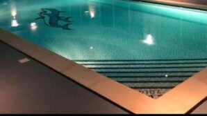 An indoor swimming pool with a dolphin logo, surrounded by windows and walls. - Cabin Sleeps 4 With Wifi (Lossiemouth)