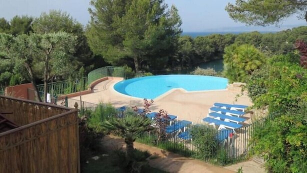 Une piscine à bord incurvé, entourée de verdure et offrant une vue sur la mer.