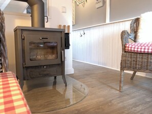 Ein Zimmer mit Kaminofen, einem Korbsessel mit kariertem Sitzkissen und Holzboden.