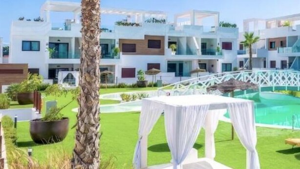 Een modern hotel met een zwembad, een palmboom en een bed met wit baldakijn.
