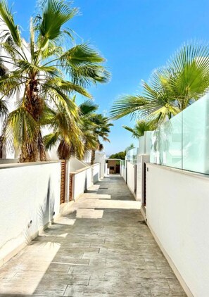 A narrow pathway flanked by palm trees and white walls, leading to a building. - Condo with solarium in Laguna Beach Resort In Los Balcones in Torrevieja (Torrevieja)
