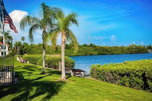A waterfront property with a grassy lawn, palm trees, and a view of the water. - Waterfront Oasis on Isla Del Sol in Bahia Del Mar (St. Petersburg)