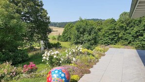 Un chemin pavé, agrémenté d’un objet sphérique aux couleurs vives, et un jardin où poussent différentes plantes et fleurs.