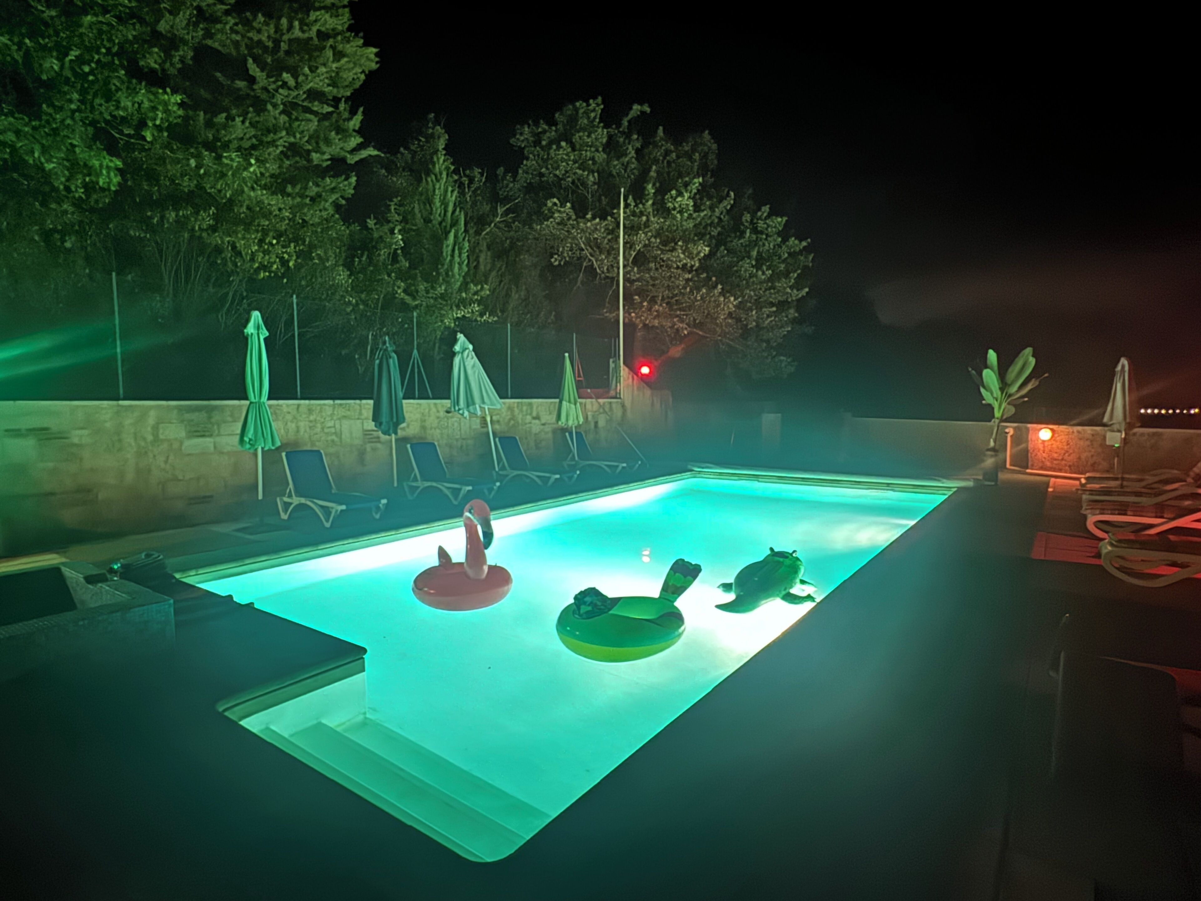 Une piscine entourée d’arbres et d’un mur de pierre, avec des chaises longues et des parasols à proximité.