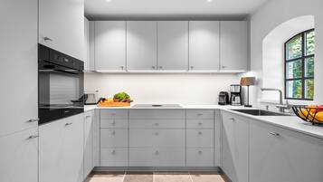 A modern kitchen with grey cabinets, a built-in oven, and a window with a view.