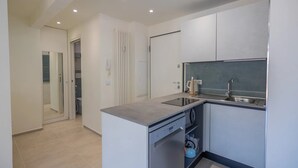 Eine moderne Küche mit eingebautem Geschirrspüler, einer Spüle und einer Arbeitsplatte.