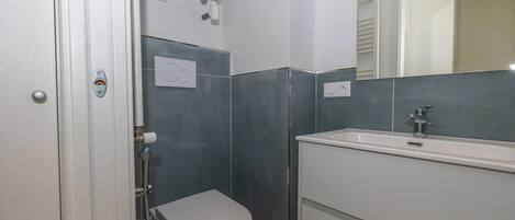 A bathroom with a toilet, a shower, a sink, and a mirror.