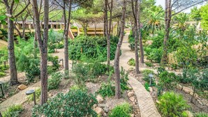 Un pati amb arbres, un camí i un edifici amb balcons al fons.