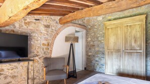 A stone-walled room with a television, a patterned chair, a floor lamp, and a wooden door. - Lovely apartment for 4 people with pool, WIFI, close to Greve In Chianti (Badia A Passignano)