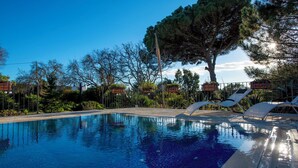 Una piscina trasparente con sedie a sdraio, immersa nel verde e sotto un cielo sereno.