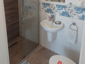 Ein Badezimmer mit Duschkabine aus Glas, einem Waschbecken mit Seifenspender und einer Toilette.