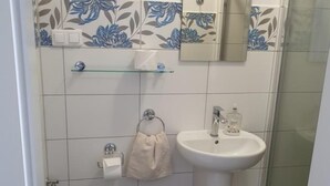 Un baño con inodoro, lavamanos, espejo y ducha.