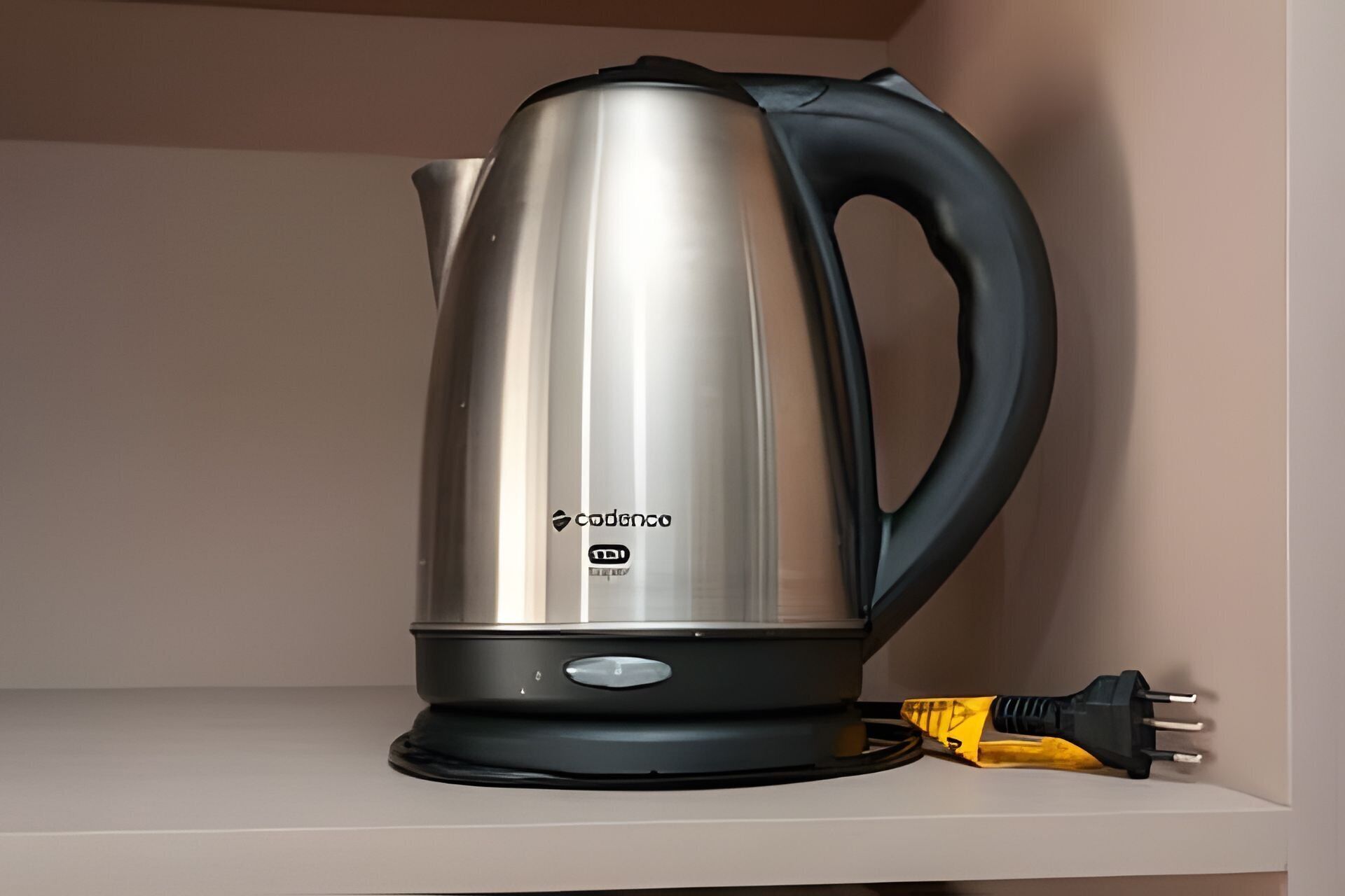 Una tetera eléctrica de acero inoxidable con asa y base negros, sobre un estante blanco.
