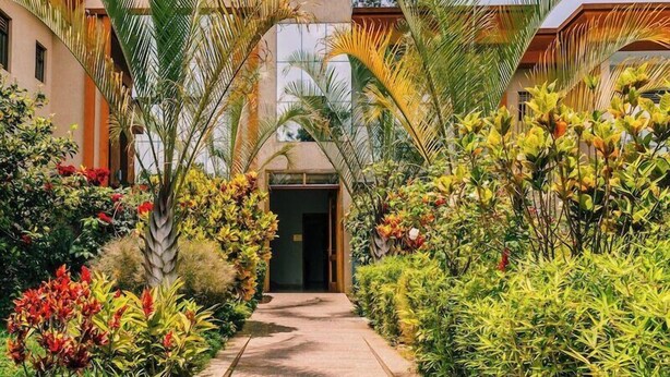 A pathway leading to a building with a modern design, surrounded by lush greenery and tropical plants. - Heaven Restaurant and Boutique Hotel (Kigali)