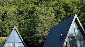 Dois edifícios modernos com telhados triangulares e grandes janelas, com um pano de fundo de vegetação exuberante.